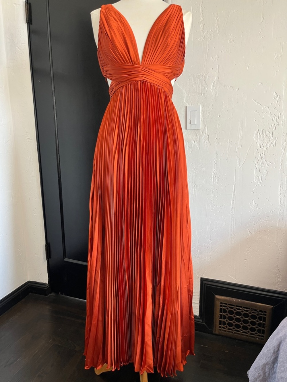 Mac Duggal Burnt Orange Pleated V-Neck Maxi Dress